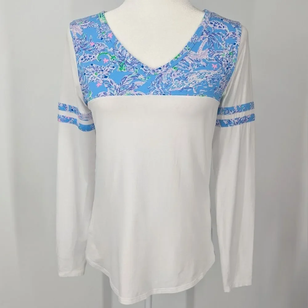 Lilly Pulitzer White Blue Palm Tiger Gator Long Sleeve Amara Shirt Blouse Medium
